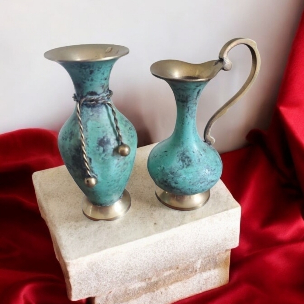 Vintage Solid Brass & Enamel Blue Mini Vase & Pitcher Made In India 5.5"